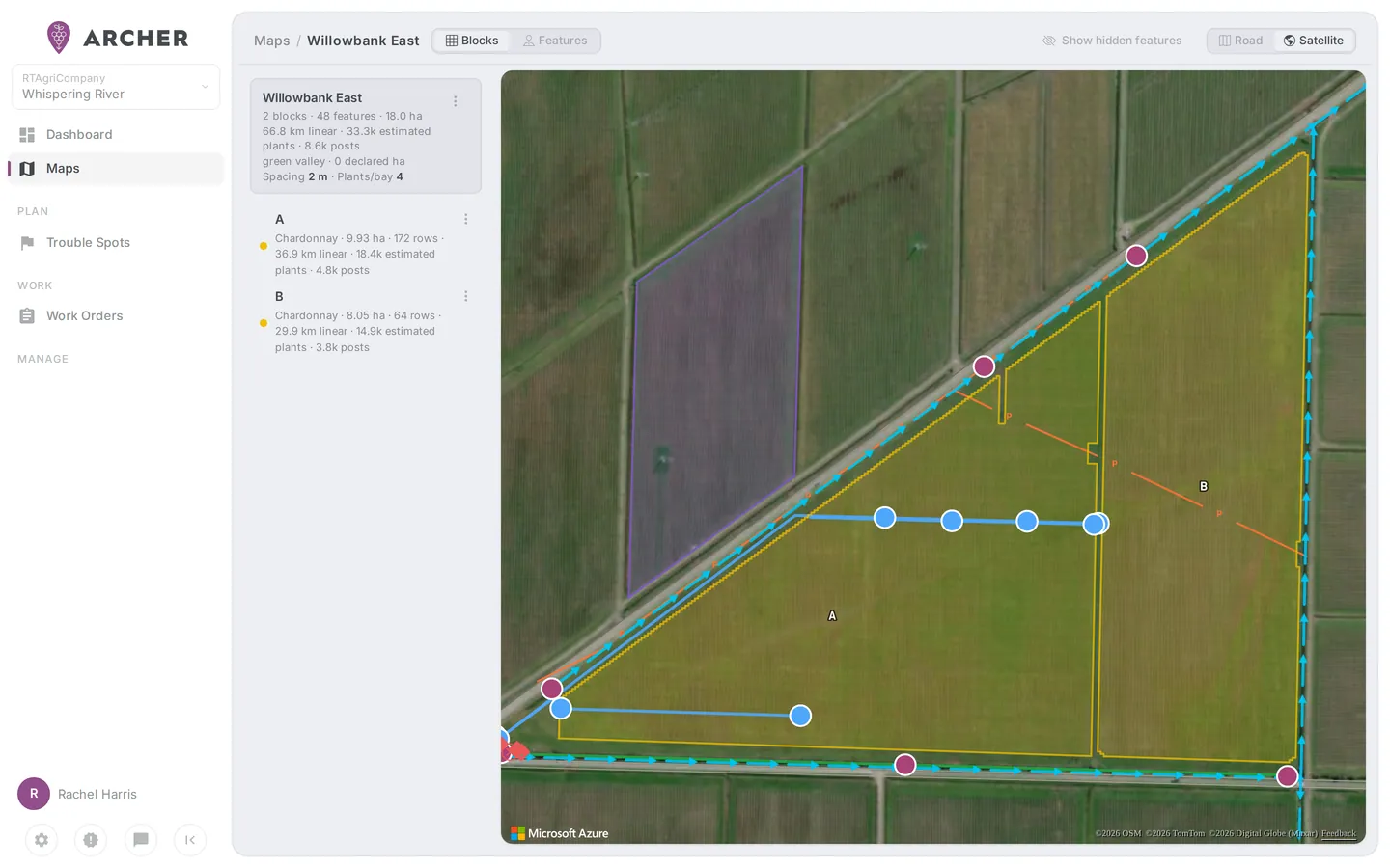 The Archer web portal showing a Marlborough vineyard mapped to blocks and rows on satellite imagery